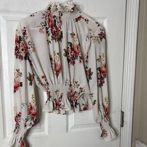 Shinestar Floral Smocked Blouse - Red and Pink on Cream